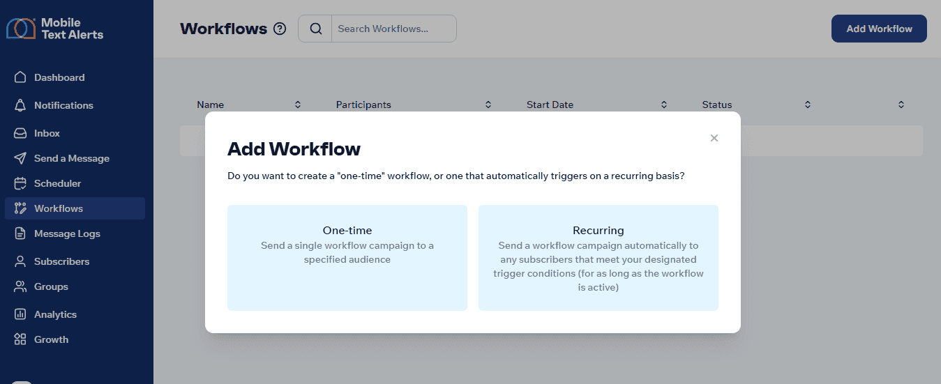 Screenshot of Mobile Text Alerts "add workflow" screen