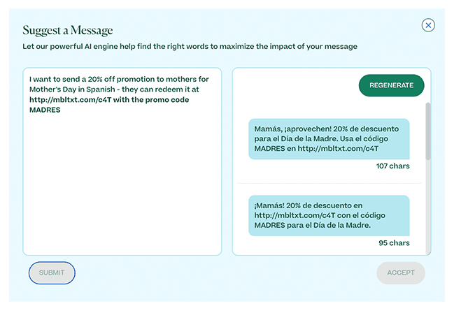 Screenshot of AI SMS suggestion tool in Spanish