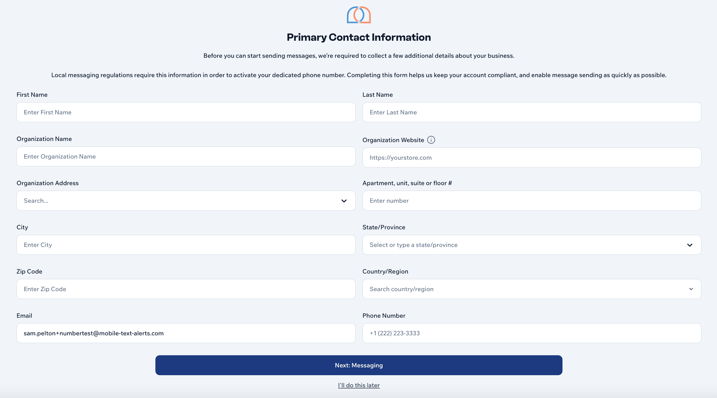 A screenshot of the Primary Contact Information form for the phone number verification process