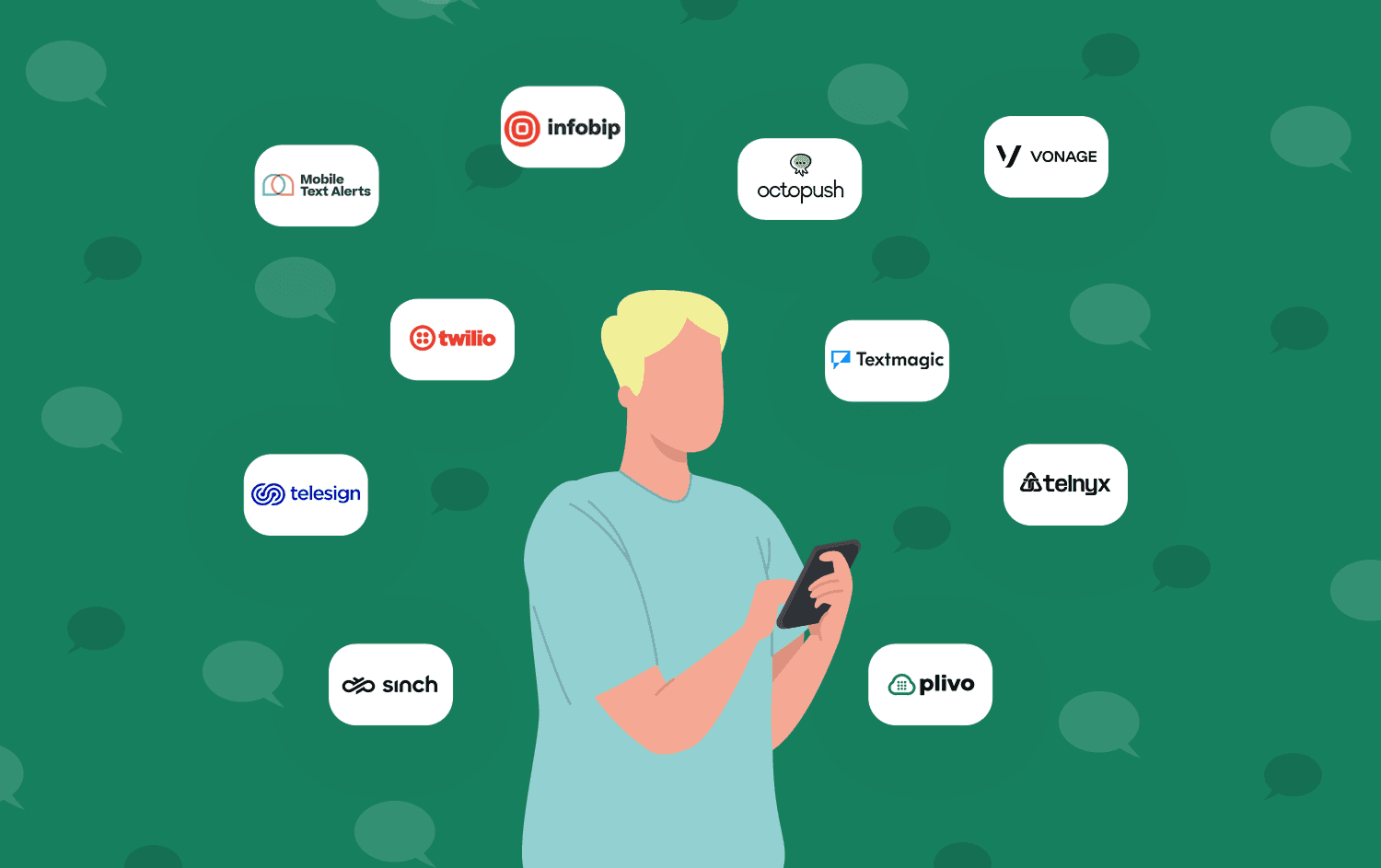 A man holding a phone with best SMS API service logos floating around him