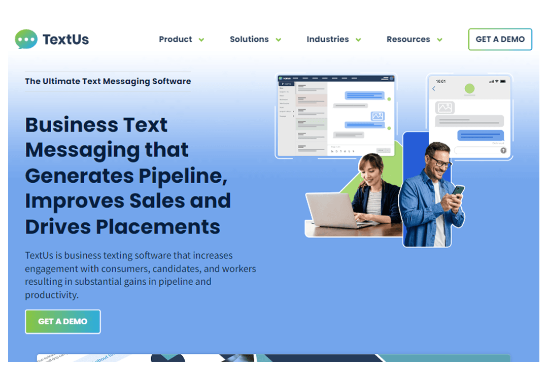 Screenshot of TextUs website home page