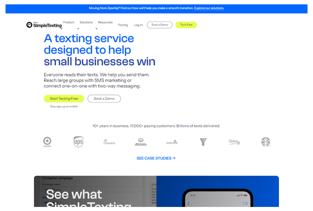 Screenshot of SimpleTexting website home page