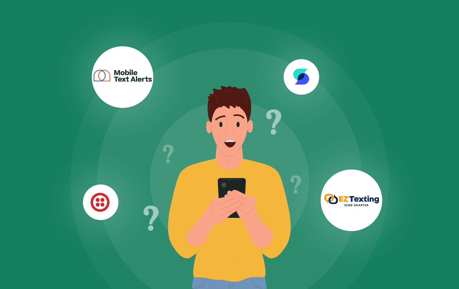 Mobile Text Alerts logo, EZ Texting logo, SlickText logo, and Twilio logo with cartoon representation of person holding a phone with questions marks