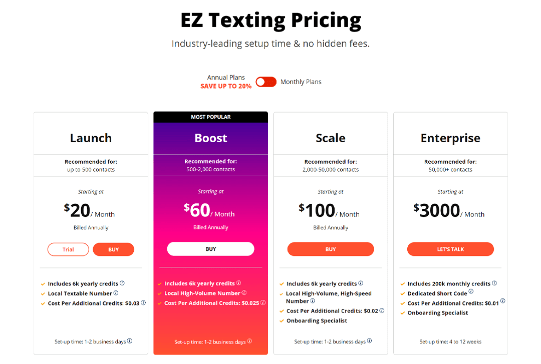 Screenshot of EZ Texting Pricing Page