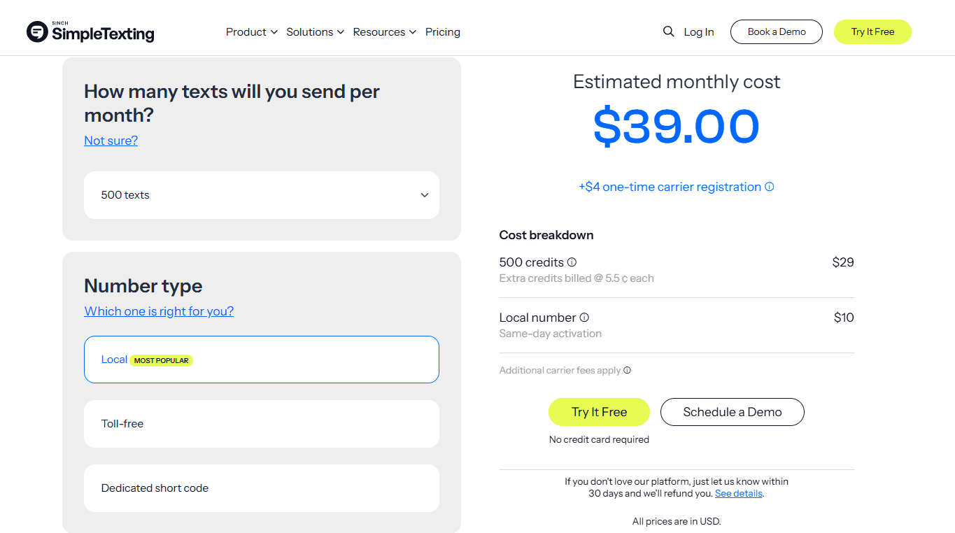 SimpleTexting pricing