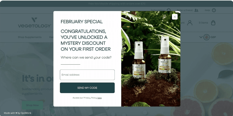 Screenshot of Vegetology website signup form