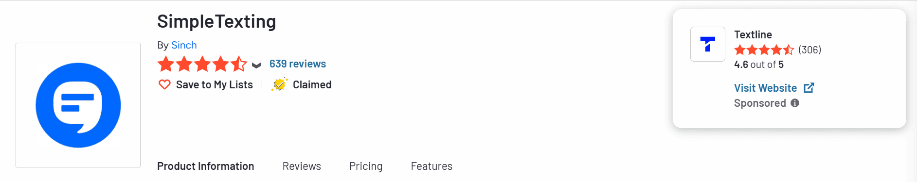 Screenshot of SimpleTexting G2 profile