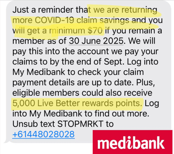 Promotional SMS example from Medibank