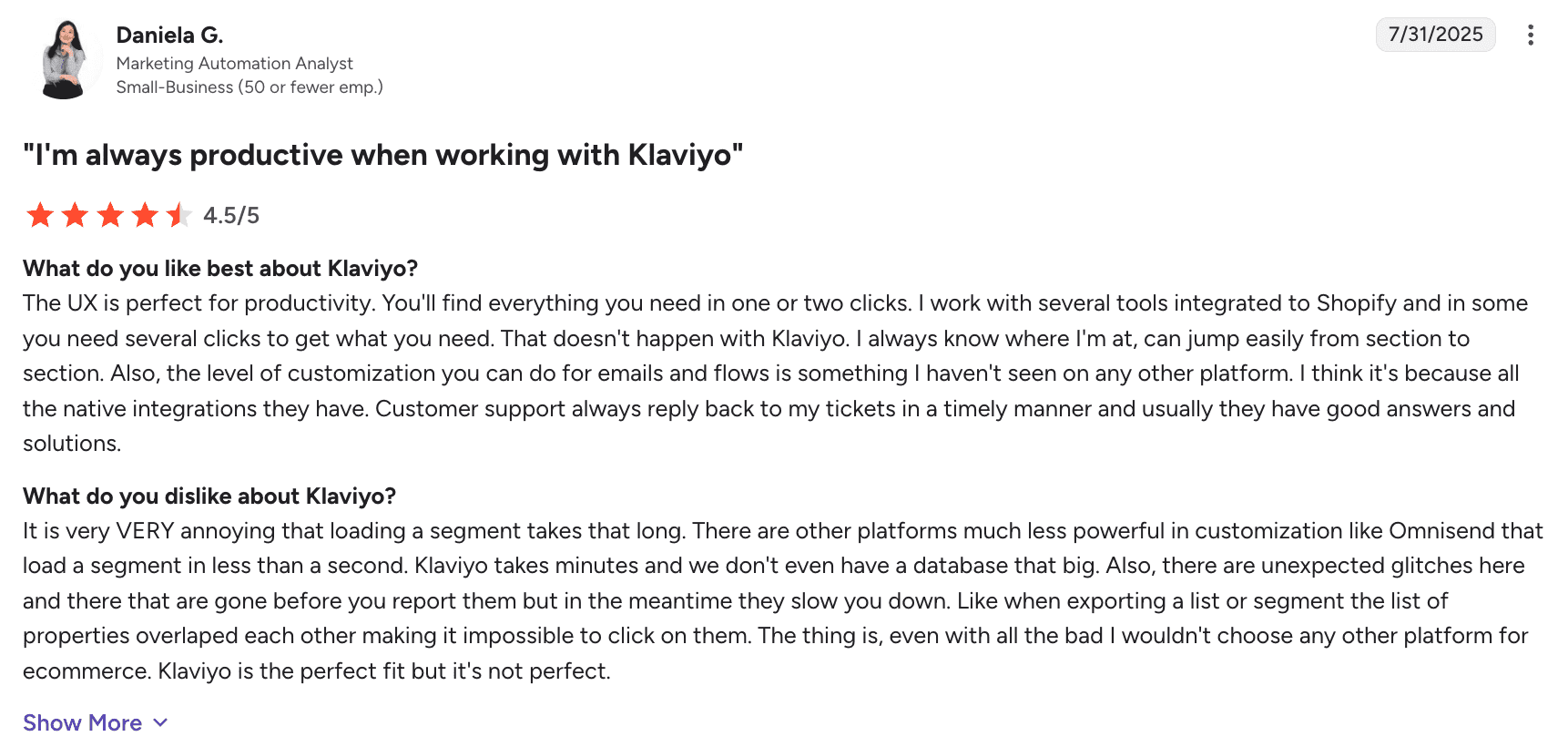 Review on Klaviyo from G2