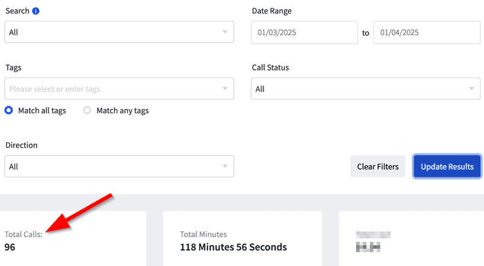 Screenshot showing total calls