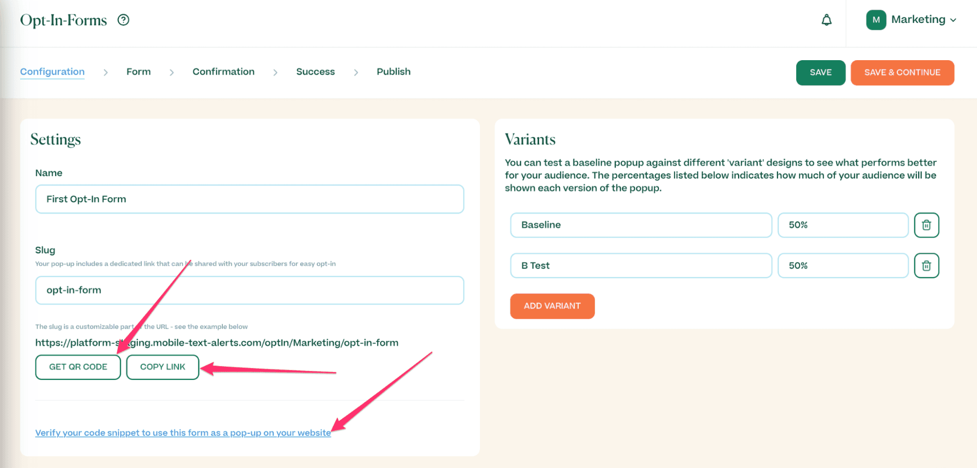 Screenshot showing opt-in form distribution options in the Mobile Text Alerts dashboard