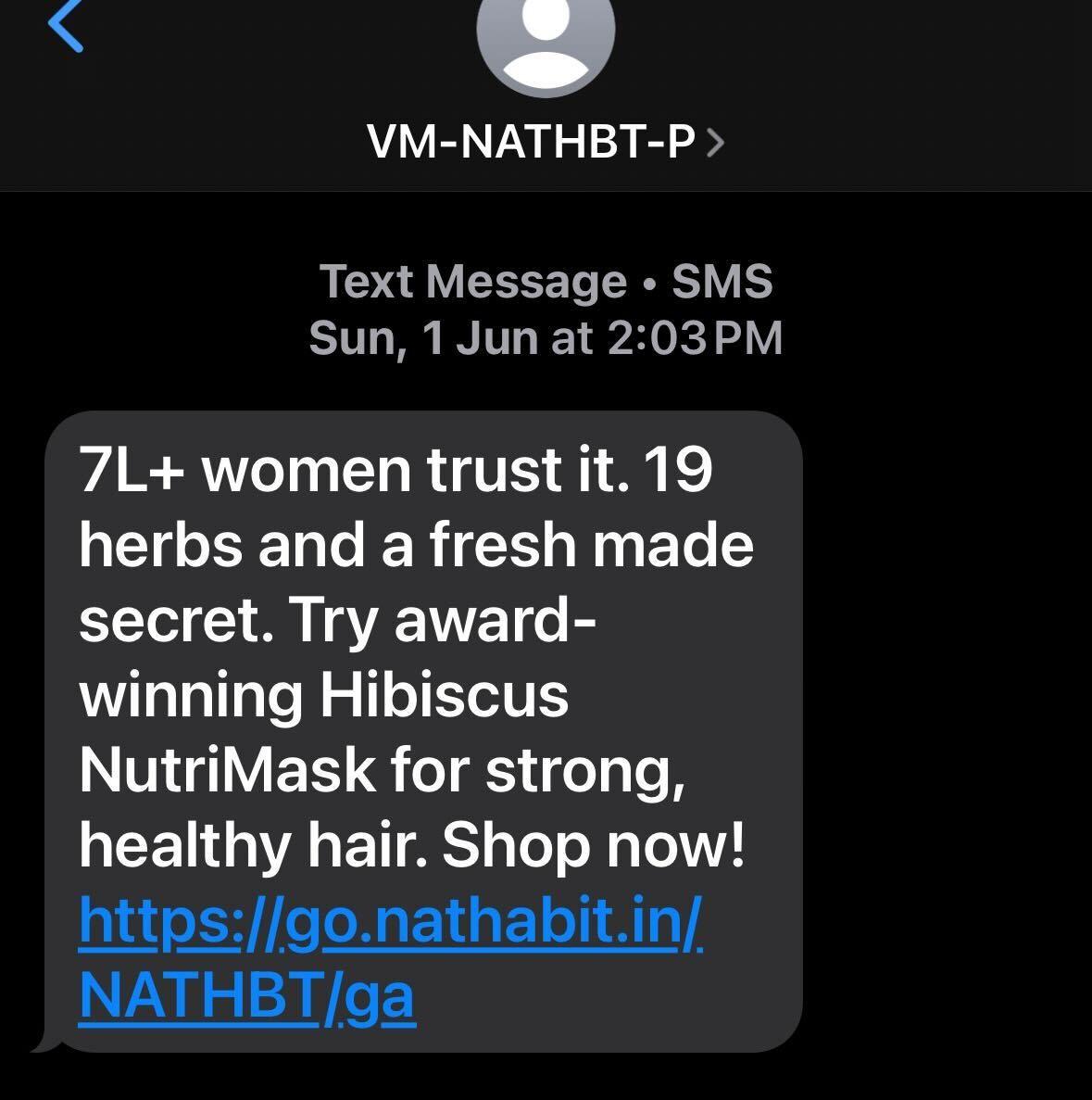 Promotional SMS example from Nat Habit