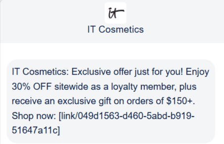 Promotional SMS example from IT Cosmetics