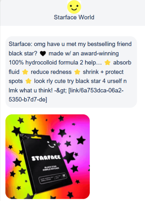 Promotional SMS example from Starface World