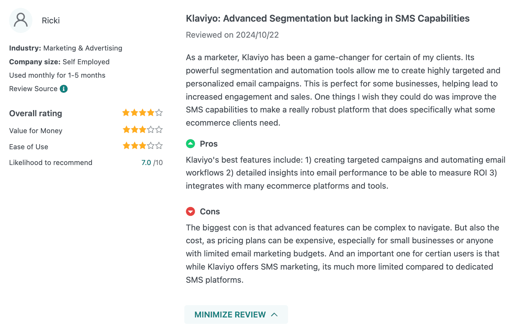 Review on Klaviyo from GetApp
