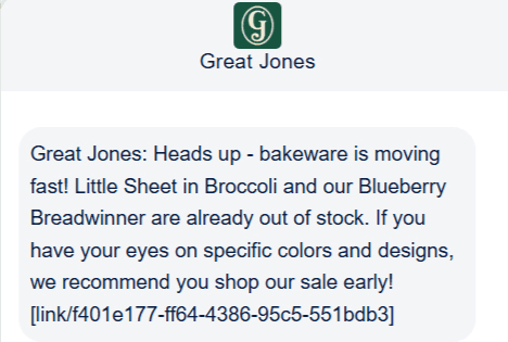 Promotional SMS example from Great Jones