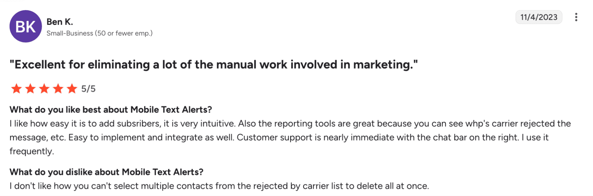 Mobile Text Alerts review on G2 on eliminating manual work