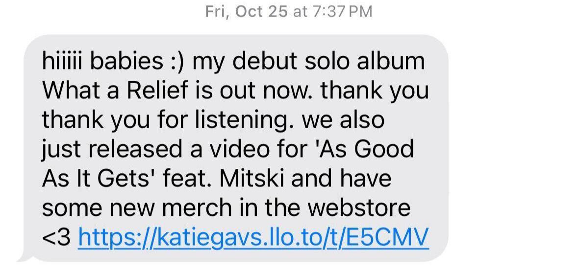 Promotional SMS example from musician Katie Gavin