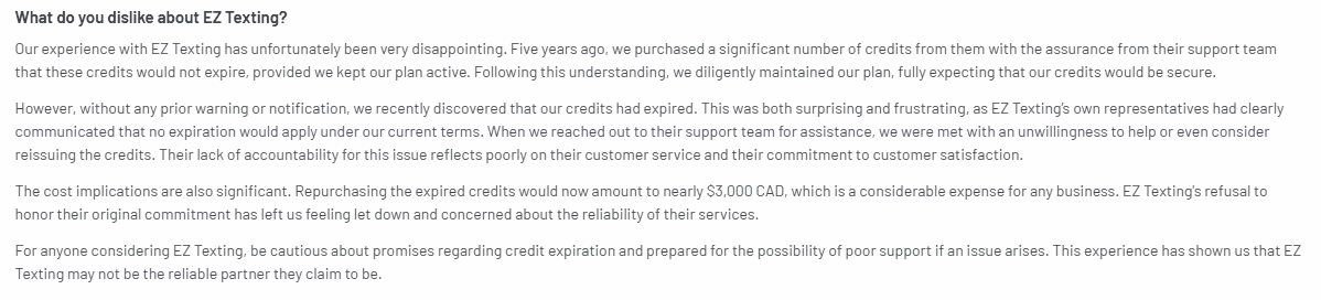 Customer complains about EZ Texting's unwillingness to help