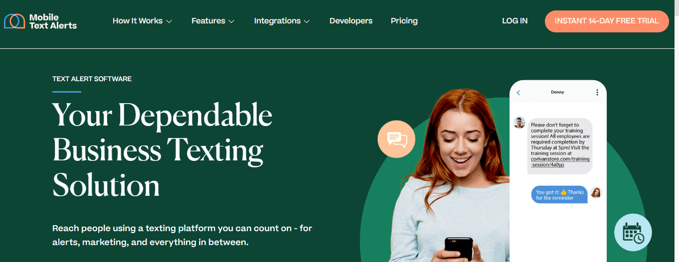 Mobile Text Alerts home page saying "Your Dependable Business Texting Solution"