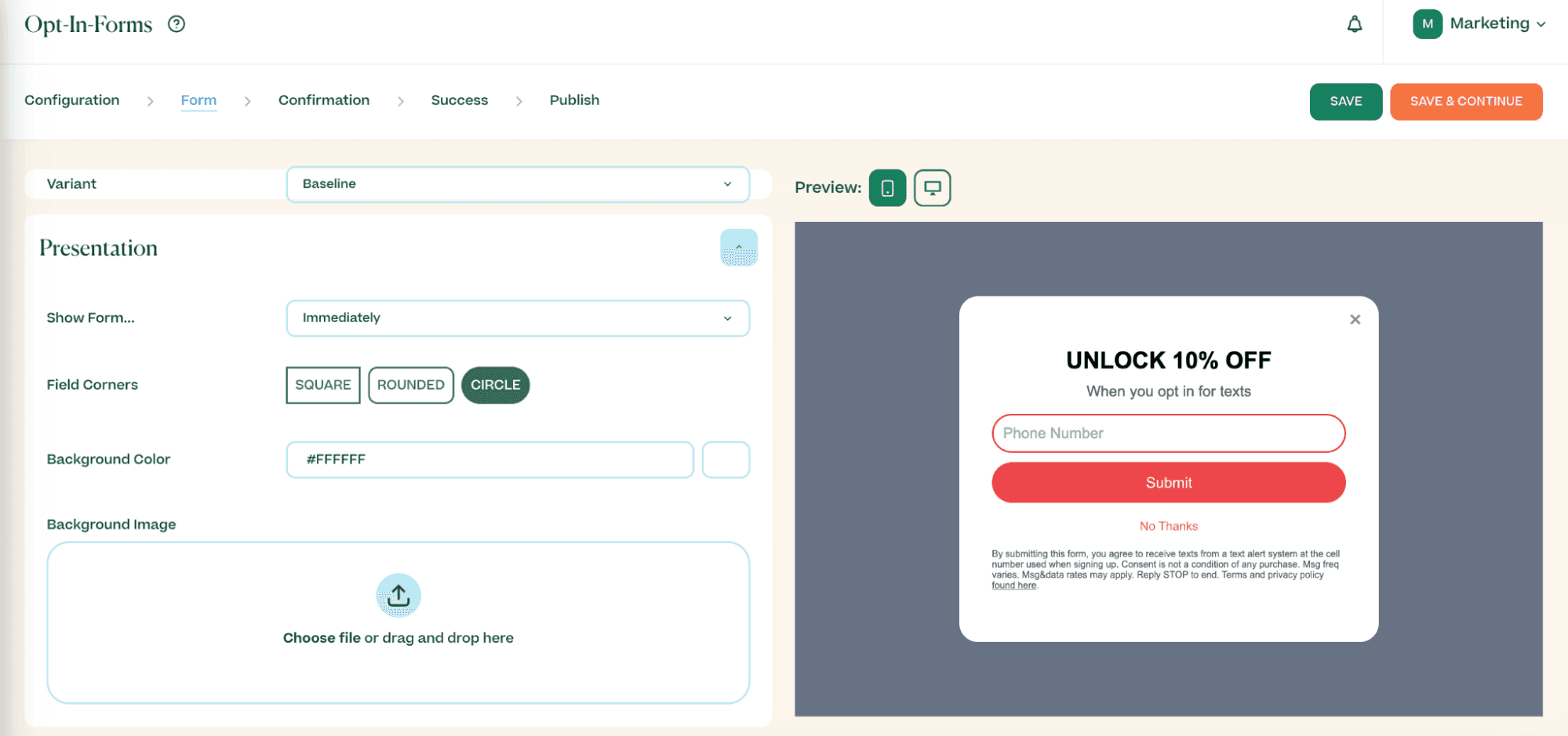 Screenshot showing the opt-in form builder in the Mobile Text Alerts dashboard