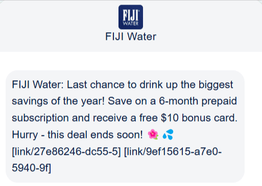 Example of SMS promotion from FIJI Water