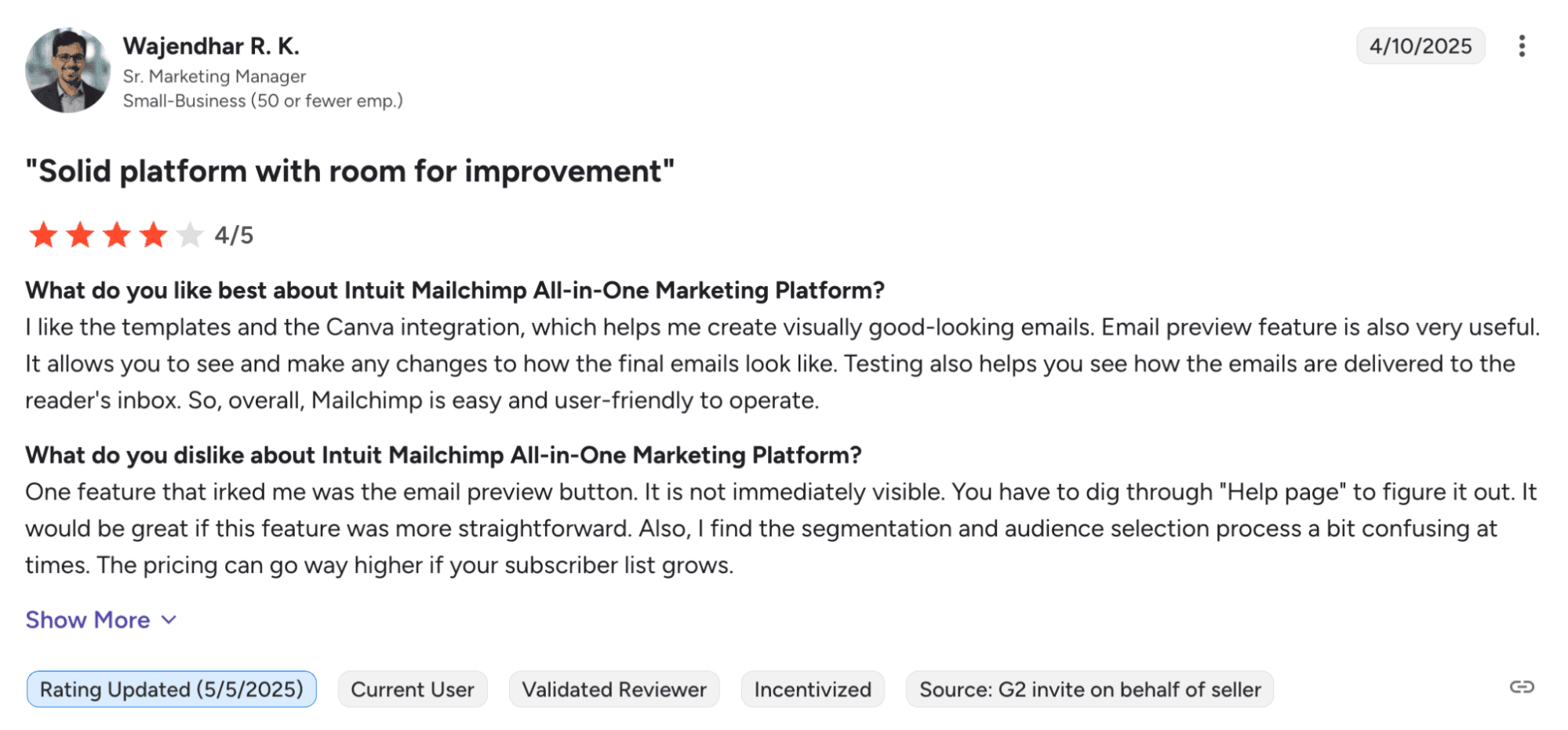 Review on Mailchimp from G2