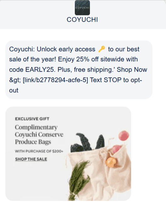 Promotional SMS example from Coyuchi