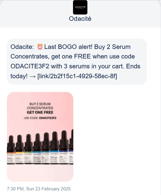 Promotional SMS example from Odacite