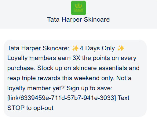 Promotional SMS example from Tata Harper Skincare