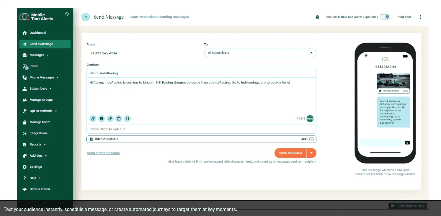 Example of sending a message with Mobile Text Alerts