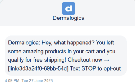 Promotional SMS example from Dermalogica