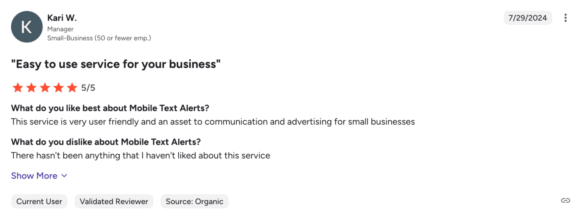 Mobile Text Alerts review from G2 on the service being easy to use