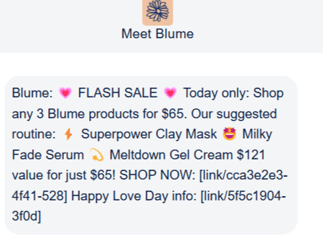 Promotional SMS example from Meet Blume
