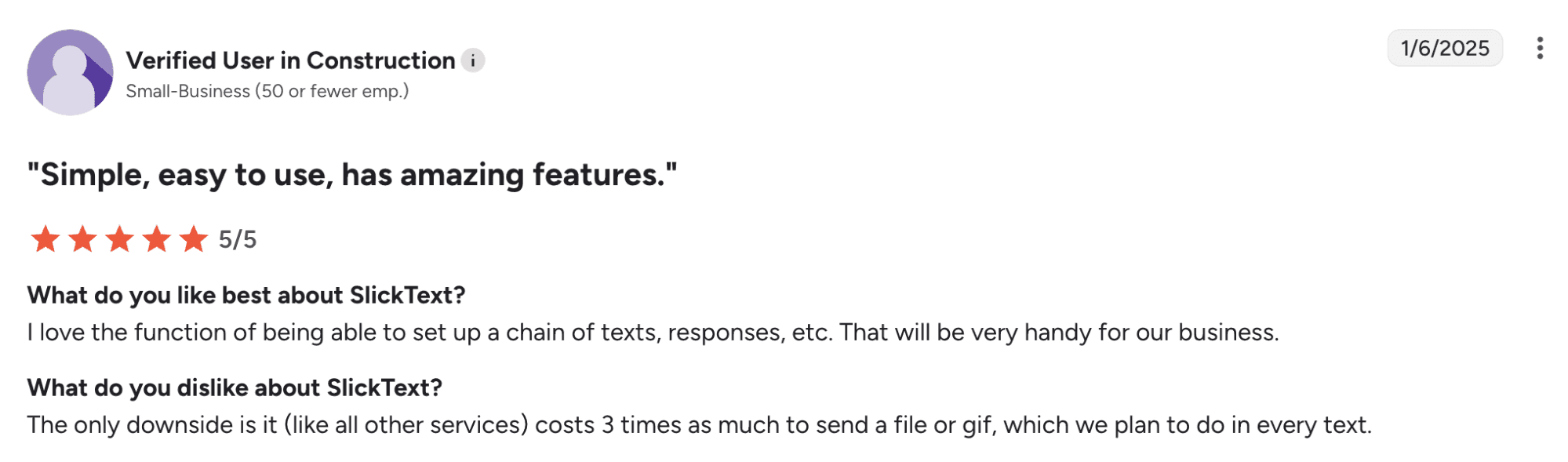 Review on SlickText from G2 about simplicity