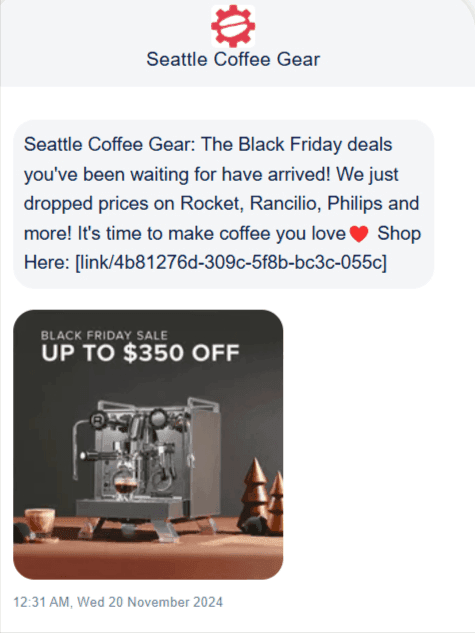 Promotional SMS example from Seattle Coffee Gear