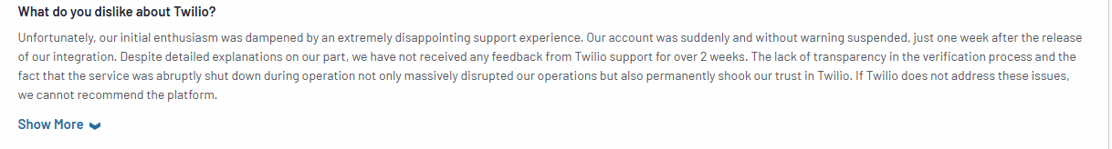 Customer complains about Twilio's customer support