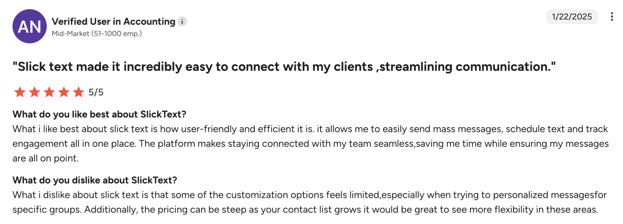 Review on SlickText from G2 on ease of use