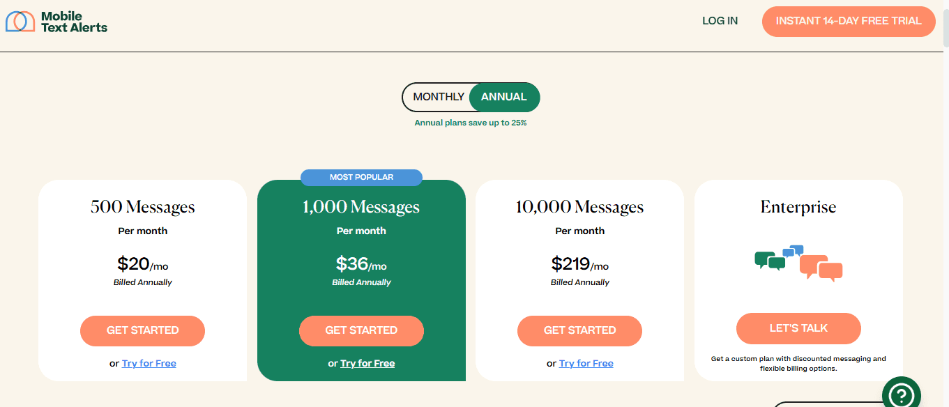 Mobile Text Alerts pricing plans
