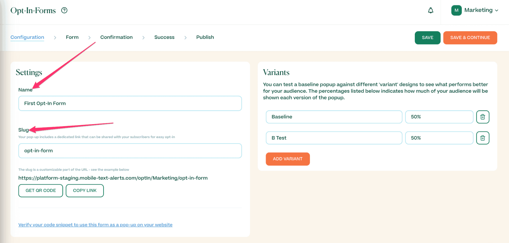 Screenshot showing opt-in form configuration in the Mobile Text Alerts dashboard