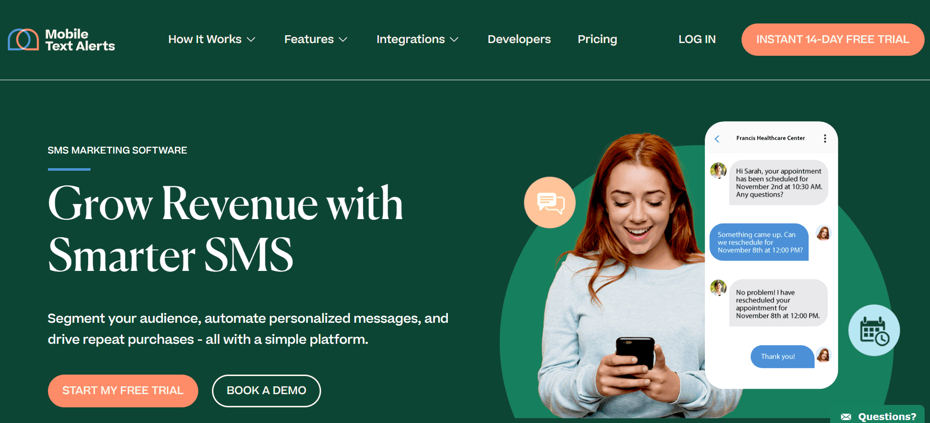 A screenshot of the Mobile Text Alerts home page