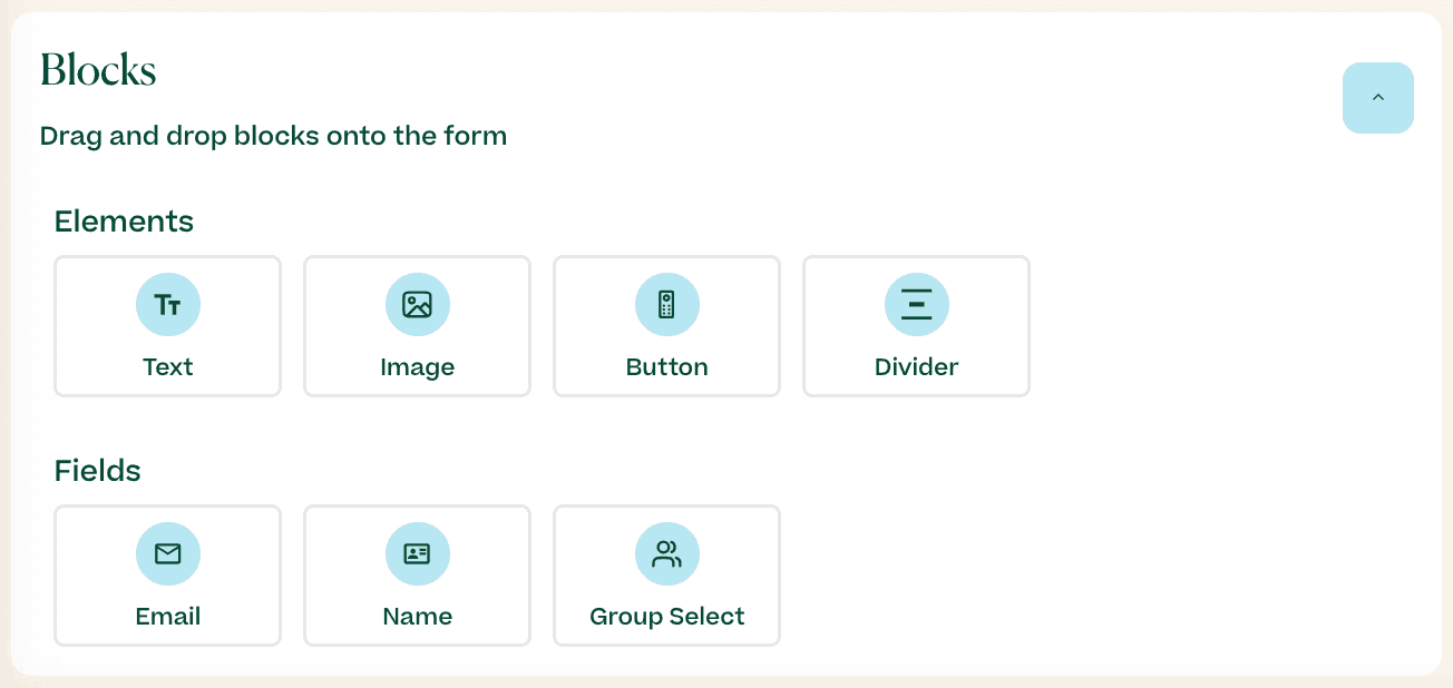 Screenshot showing opt-in form builder blocks in the Mobile Text Alerts dashboard
