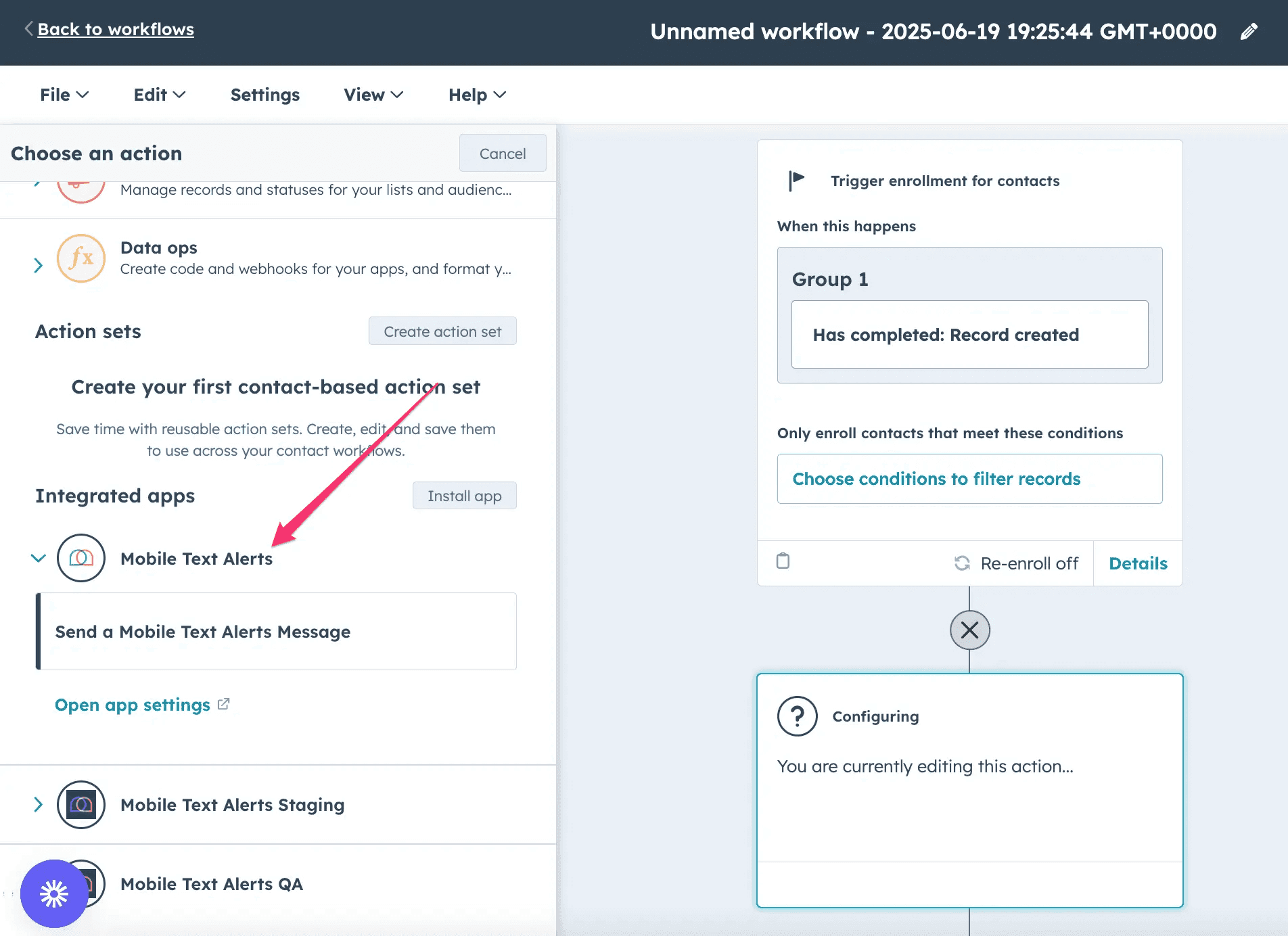 Screenshot showing setting up an SMS workflow option within HubSpot