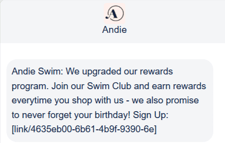 Promotional SMS example from Andie Swim