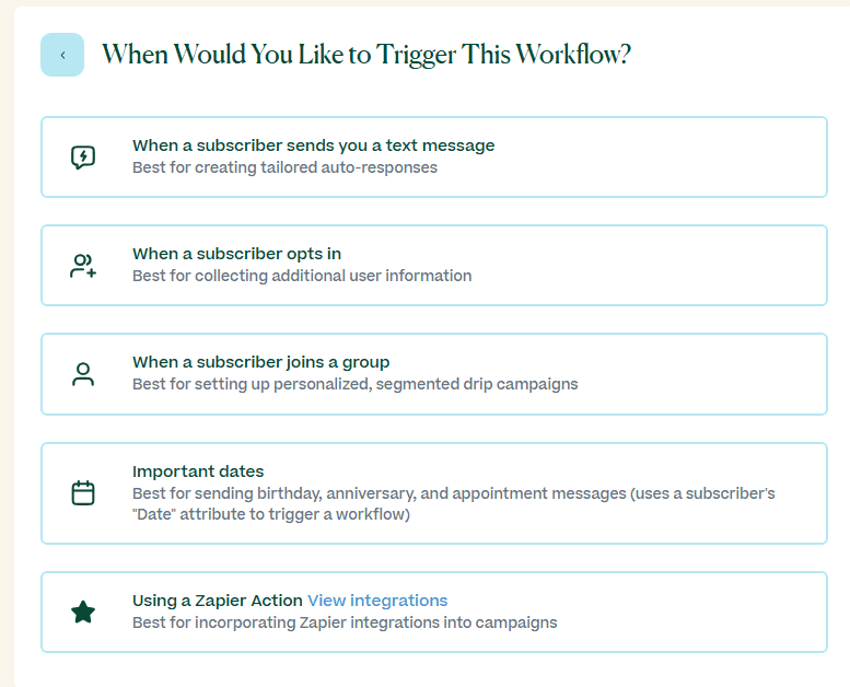 Screenshot showing SMS workflow trigger option in the Mobile Text Alerts dashboard
