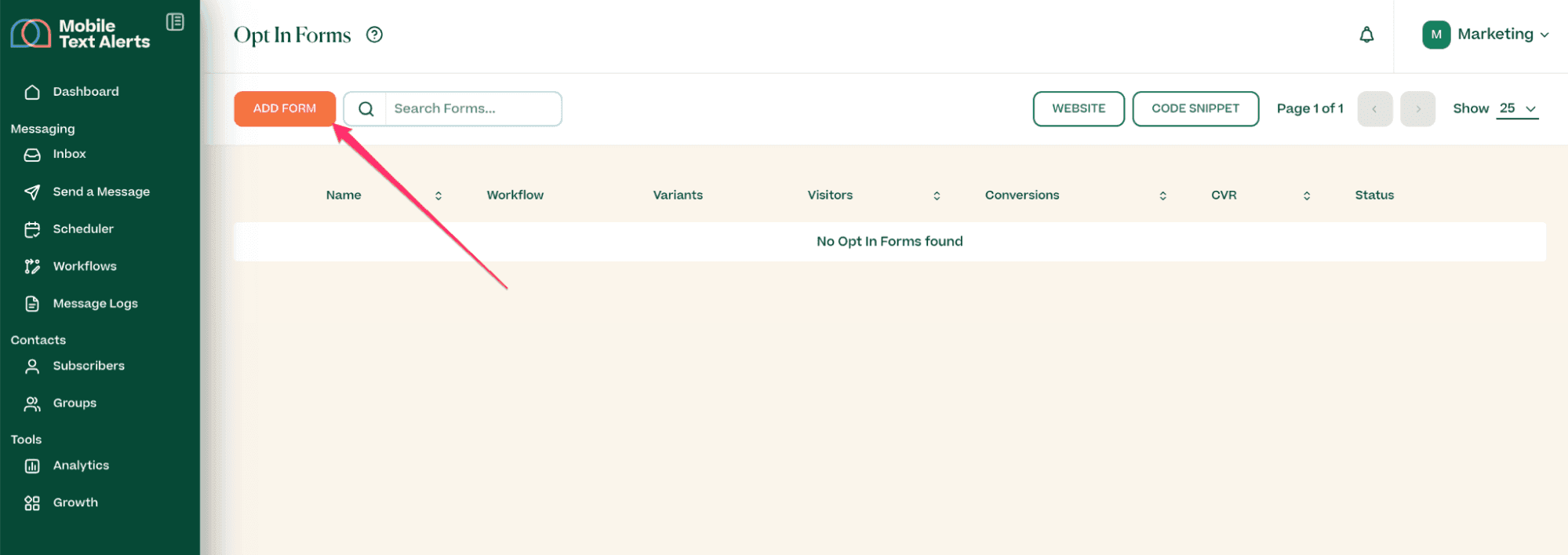 Screenshot showing adding a form in the Mobile Text Alerts dashboard
