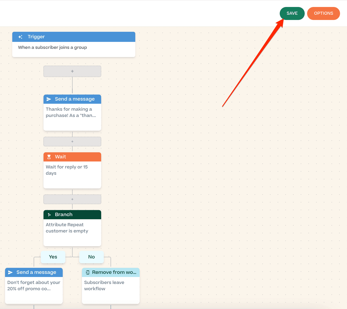 Screenshot showing how to save an SMS workflow