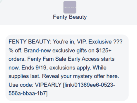 Promotional SMS example from Fenty Beauty