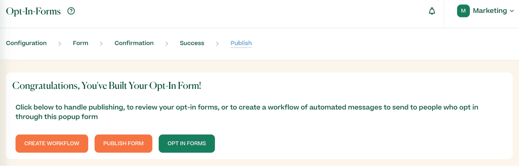 Screenshot of publishing your opt-in form in the Mobile Text Alerts dashboard