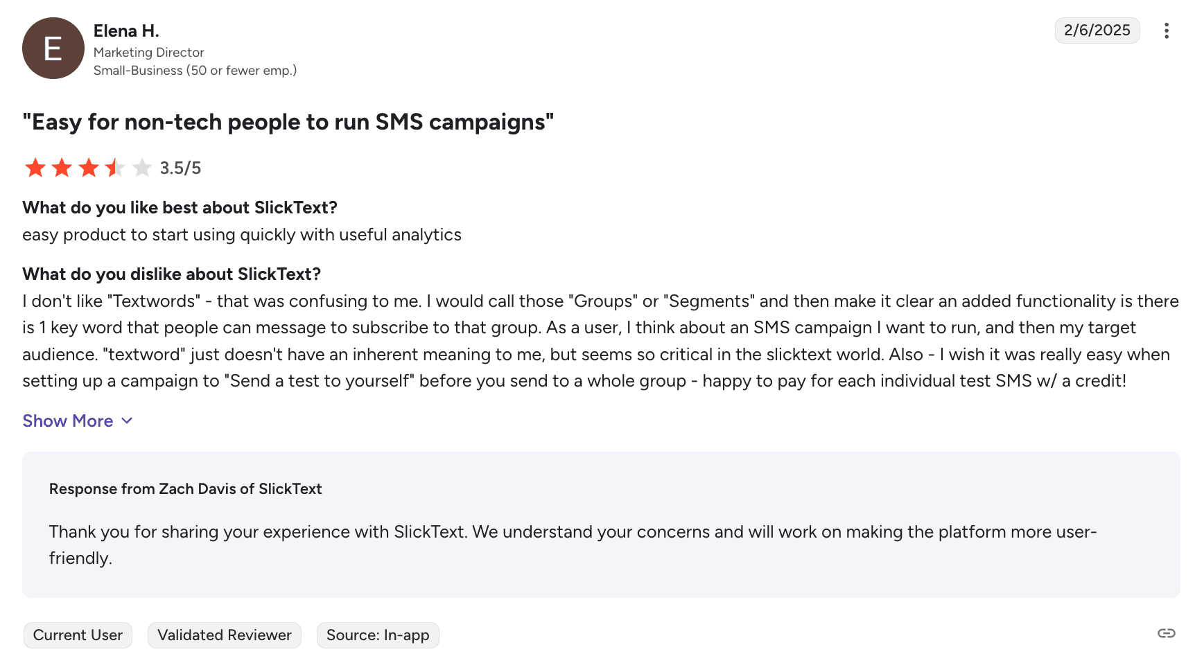 Review on SlickText from G2 about confusing terminology